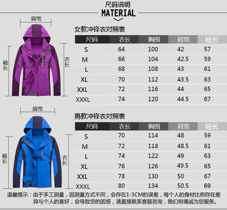 冬季防寒沖鋒衣定制尺碼說明